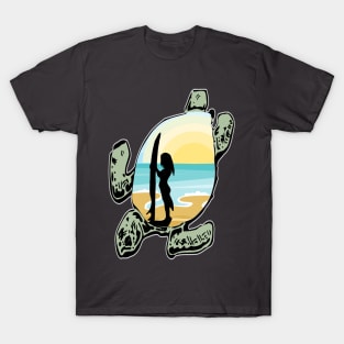 Surfer Girl Sunset Turtle Beach T-Shirt